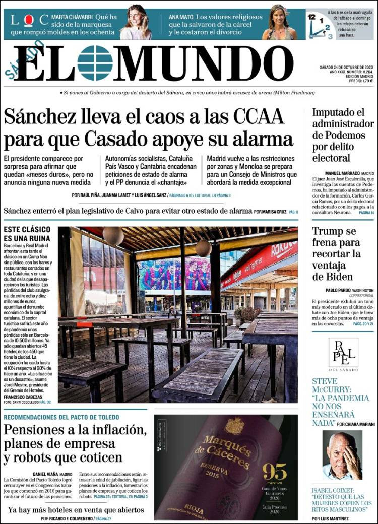 Portada de 'El Mundo' del sábado 24 de octubre de 2020 / KIOSKO.NET