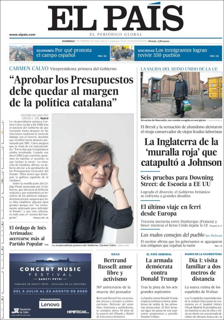 Portada de 'El País' del domingo 2 de febrero