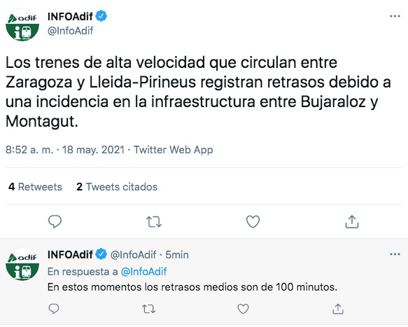 Adif informa de retrasos por una avería en el AVE entre Barcelona y Madrid / TWITTER