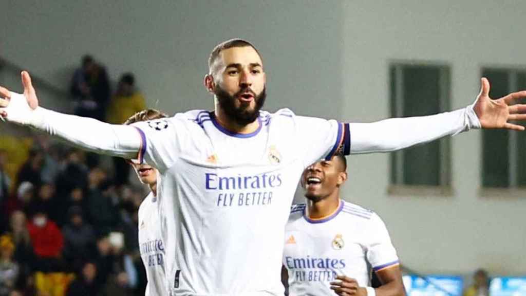 La celebración de Benzema tras su golazo contra el Sheriff Tiraspol / Real Madrid