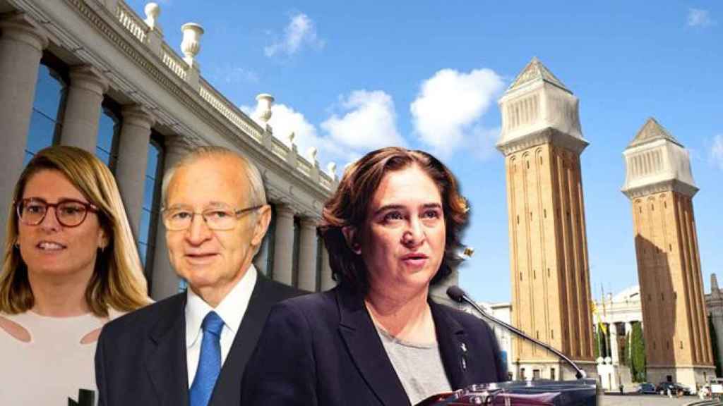 Ada Colau, alcaldesa, junto a la consejera de Presidencia, Elsa Artadi, y el presidente de la Cámara de Comercio de Barcelona, Miquel Valls, los implicados en la renovación del órgano de gobierno de Fira Barcelona / CG