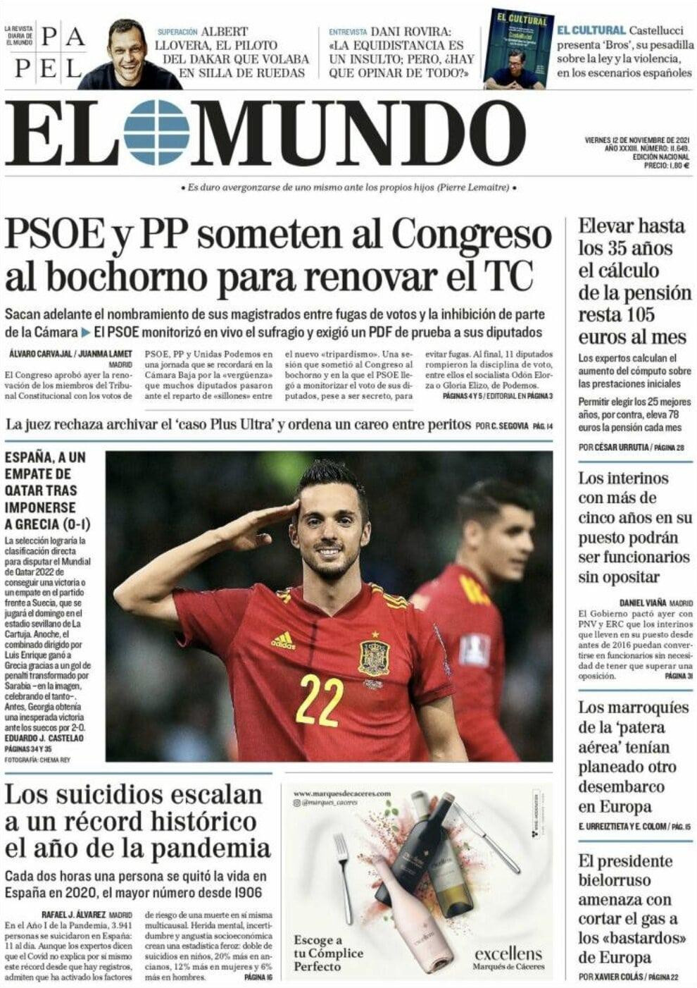 Portada de 'El Mundo' del 12 de noviembre de 2021 / KIOSKO