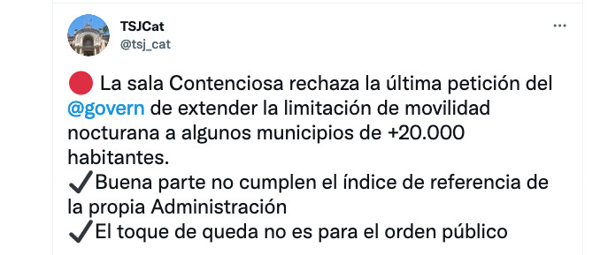 Mensaje del TSJC en la que rechaza el nuevo toque de queda propuesto por el Govern / @tsj_cat