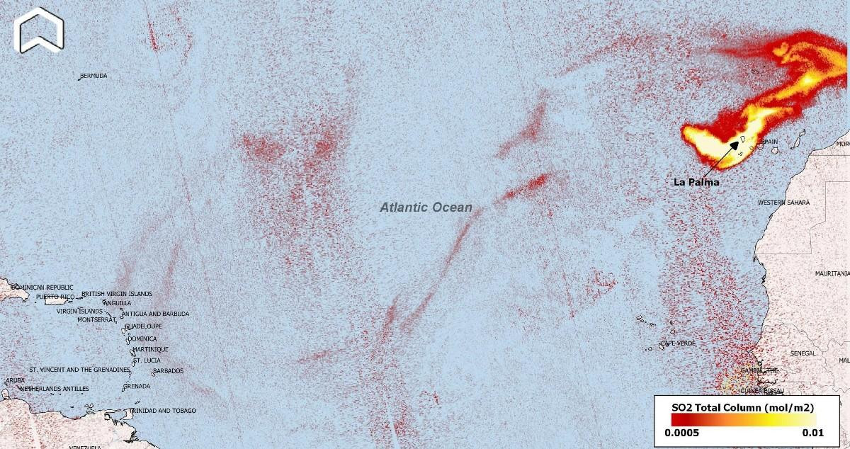 Mapa ofrecido por Copernicus sobre el pronóstico de viaje de la nube de SO2 /EP