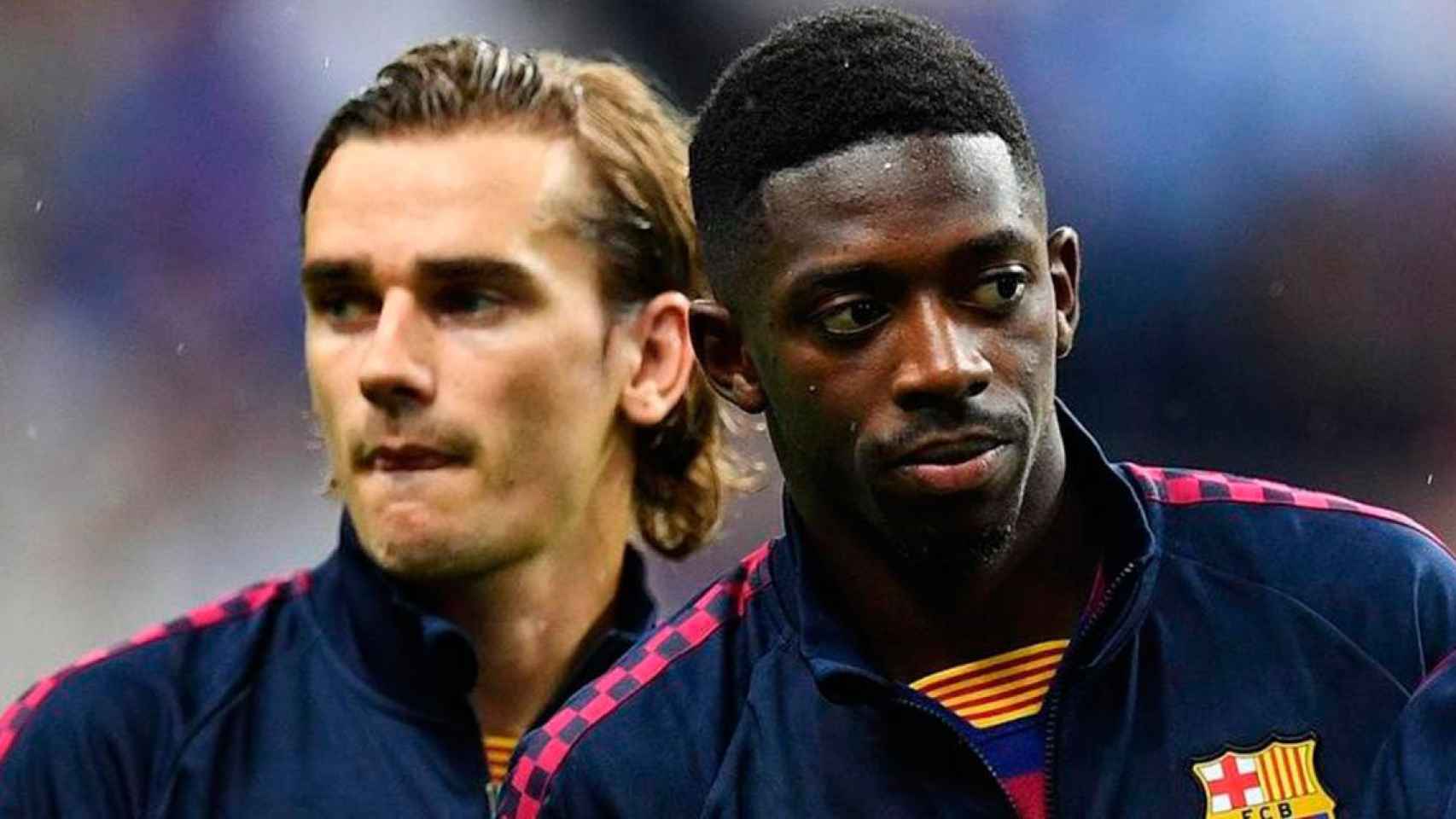 Griezmann y Dembelé, en un calentamiento del Barça / FCB