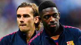 Griezmann y Dembelé, en un calentamiento del Barça / FCB