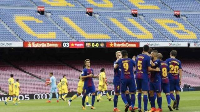 El Barça celebrando un gol contra Las Palmas en el Camp Nou en el partido de fútbol a puerta cerrada / EFE