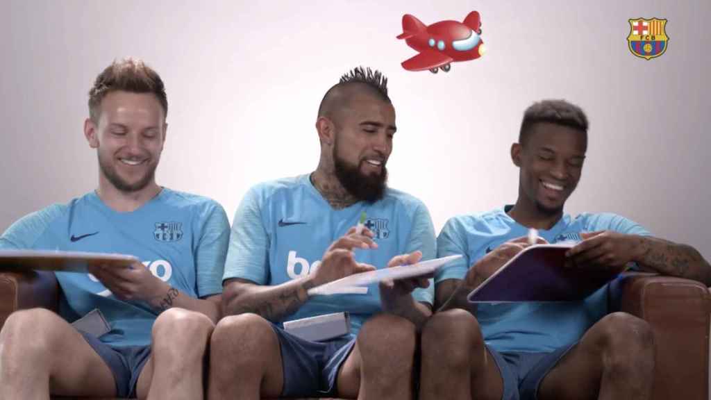 Una foto de Ivan Rakitic, Arturo Vidal y Nelson Semedo en la prueba de conocimientos personales / FCB