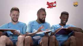 Una foto de Ivan Rakitic, Arturo Vidal y Nelson Semedo en la prueba de conocimientos personales / FCB