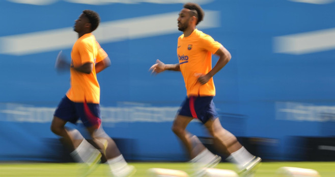 Ansu Fati y Aubameyang, en el entrenamiento previo al Barça Mallorca