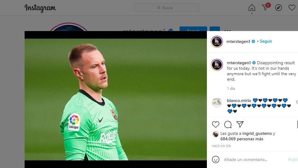 Ter Stegen en Instagram tras perder contra el Granada: Un resultado decepcionante para nosotros el de hoy. Ya no está en nuestras manos, pero lucharemos hasta el final / REDES