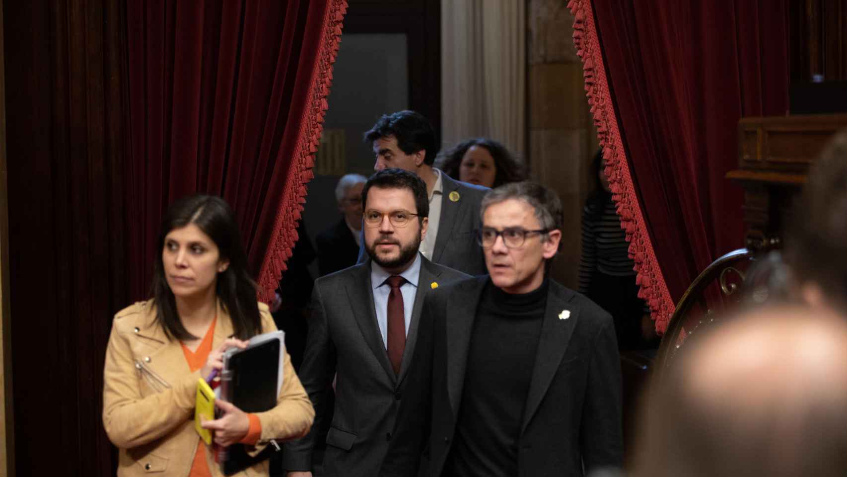 La portavoz de ERC, Marta Vilalta, el vicepresidente de la Generalitat, Pere Aragonès, y el nuevo presidente del grupo parlamentario de los republicanos, Josep Maria Jové, en una imagen de archivo / EUROPA PRESS