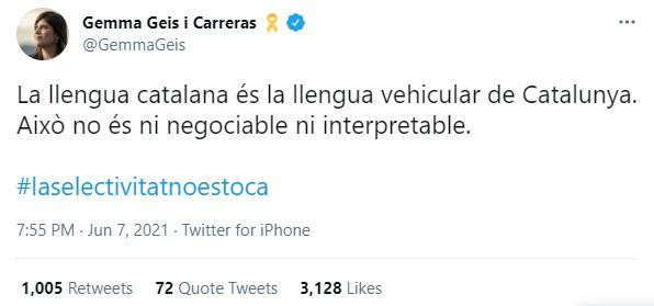 Tuit de Gemma Geis en respuesta a la orden del TSJC sobre la selectividad / TWITTER