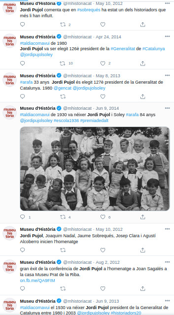 Tuits sobre Jordi Pujol en el perfil de Twitter del Museo de Historia de Cataluña