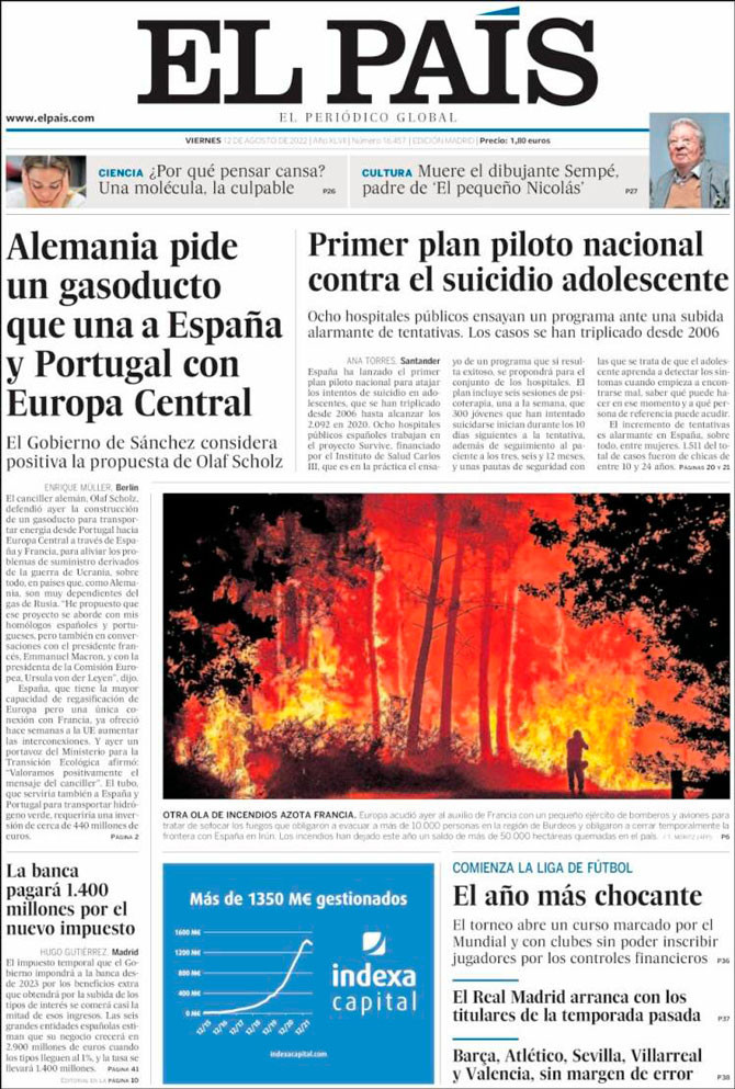 Portada de 'El País' del 12 de agosto de 2022 / Kiosko