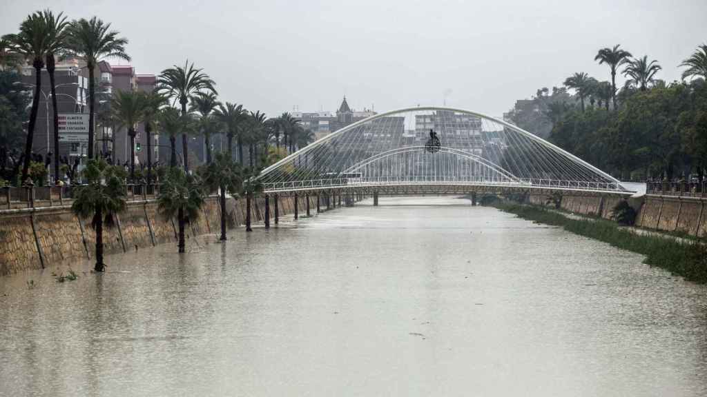 El río Segura, en su paso por Murcia, donde ha alcanzado los 100 metros cúbicos por segundo debido al temporal / EFE