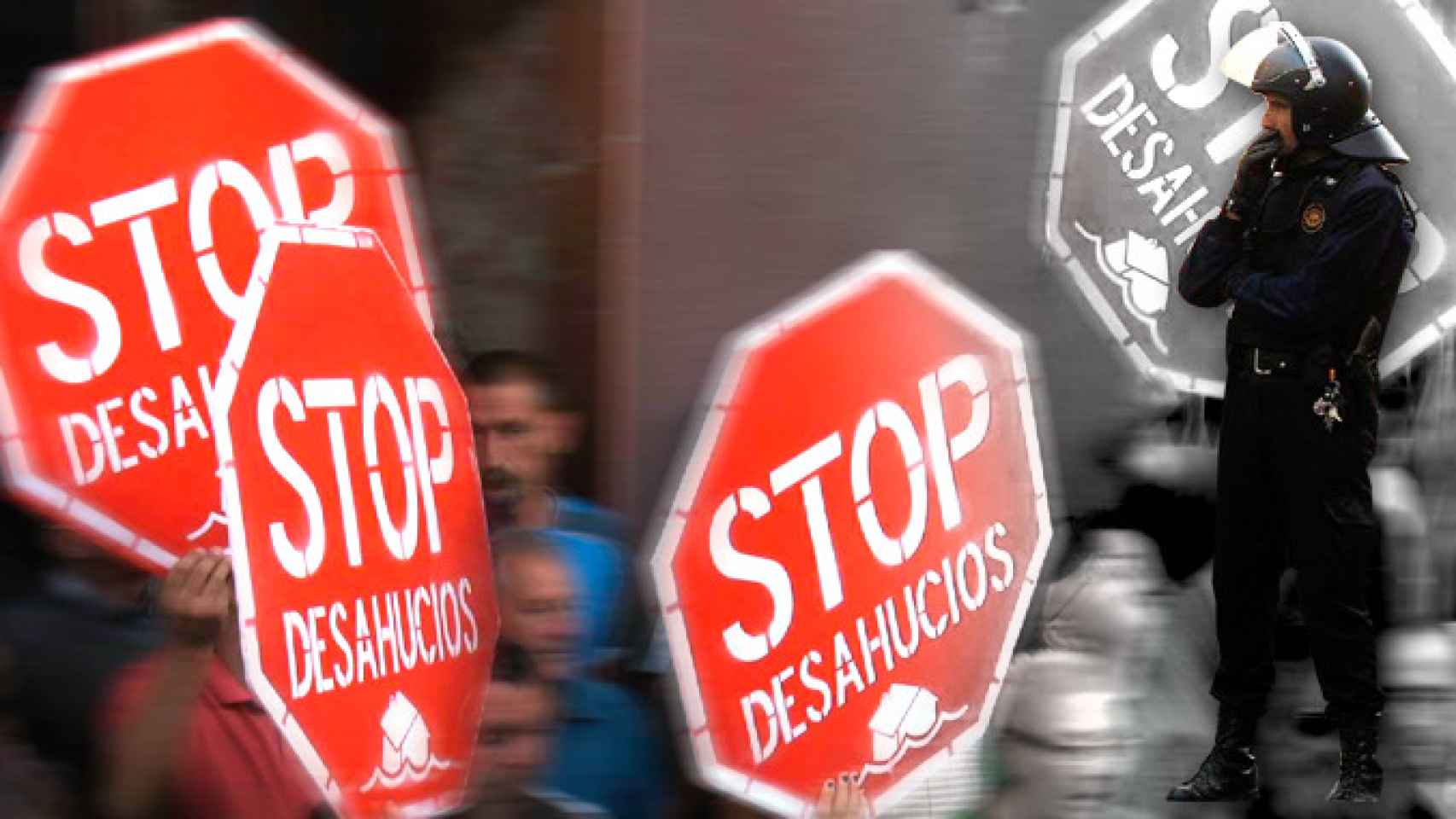 Una manifestación Stop Desahucios bajo la mirada de un mosso / FOTOMONTAJE DE CG