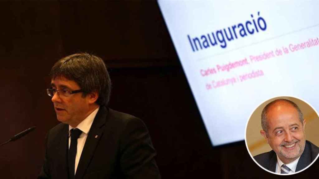 Carles Puigdemont, presidente de la Generalitat, en la inauguración del VI Congreso de Periodistas de Cataluña y una imagen de archivo de Felip Puig, exconsejero de varios Gobiernos catalanes de CDC / FOTOMONTAJE DE CG