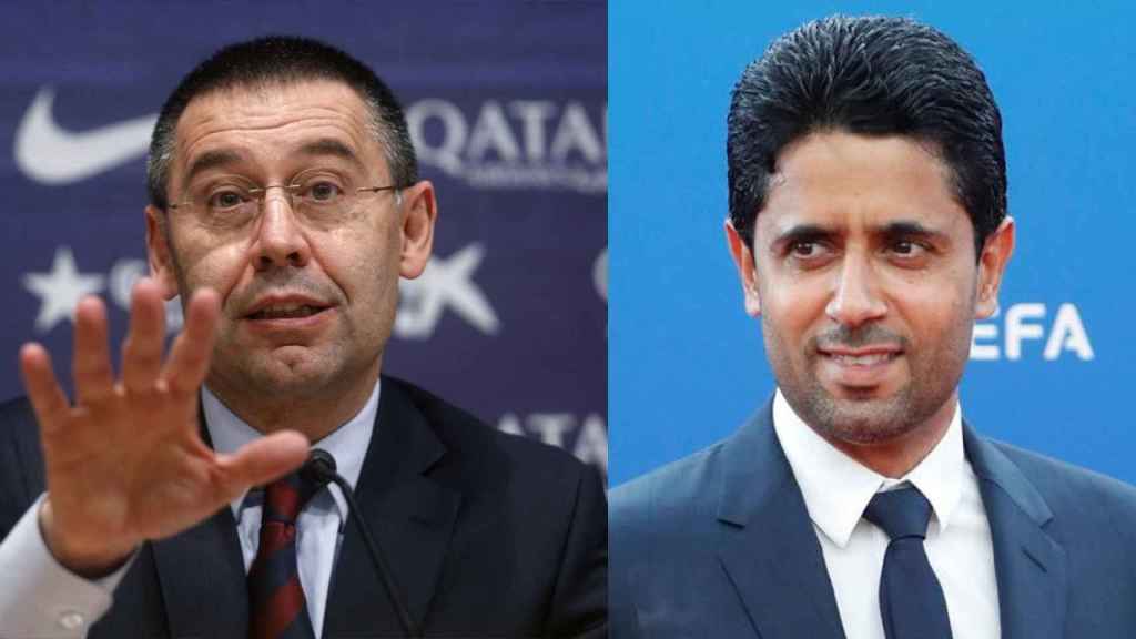 Josep María Bartomeu, enfrentado a Nasser Al-Khelaifi, presidente del PSG / FOTOMONTAJE CULEMANÍA