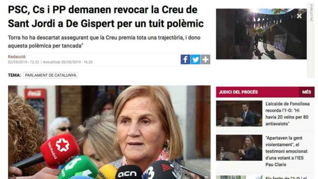 Captura de la web de TV3 en la que se da la noticia sobre la reacción de la oposición al tuit de Núria de Gispert