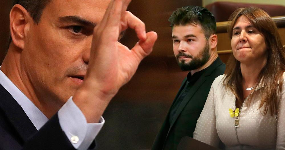 Pedro Sánchez durante la defensa de su investidura en el Congreso bajo la mirada de Gabriel Rufián y Laura Borràs / FOTOMONTAJE DE CG