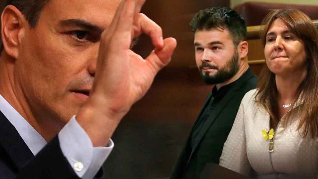 Pedro Sánchez durante la defensa de su investidura en el Congreso bajo la mirada de Gabriel Rufián y Laura Borràs / FOTOMONTAJE DE CG