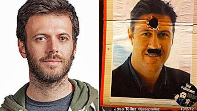 A la izquierda, el teniente de alcalde y concejal de Hacienda del Ayuntamiento de Badalona, José Téllez (CUP); y el tuit que lanzó en febrero de 2012 amenazando a Albiol y comparándolo con Hitler