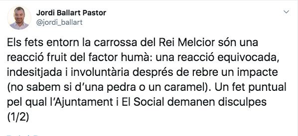 El alcalde de Terrassa, Jordi Ballart, pide disculpas por el 'cabreado' Rey Melchor / TWITTER