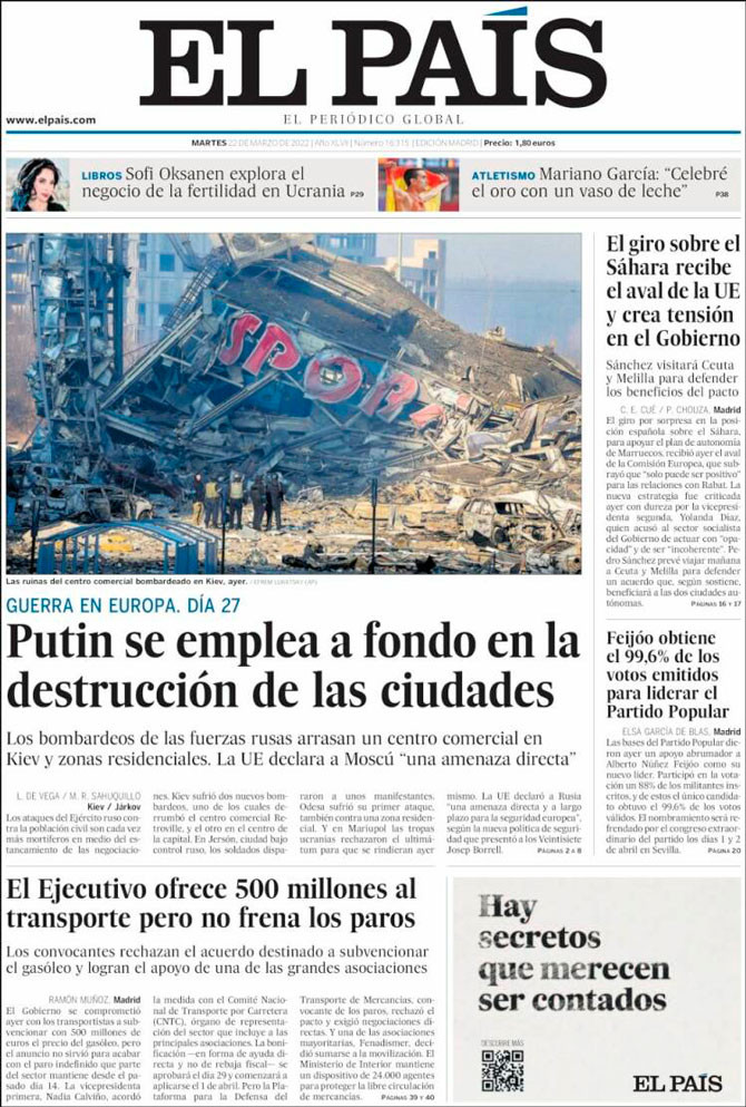 Portada de 'El País' del 22 de marzo de 2022 / Kiosko