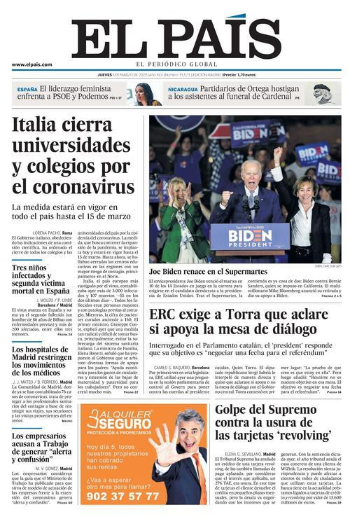 Portada de 'El País' del 5 de marzo de 2020