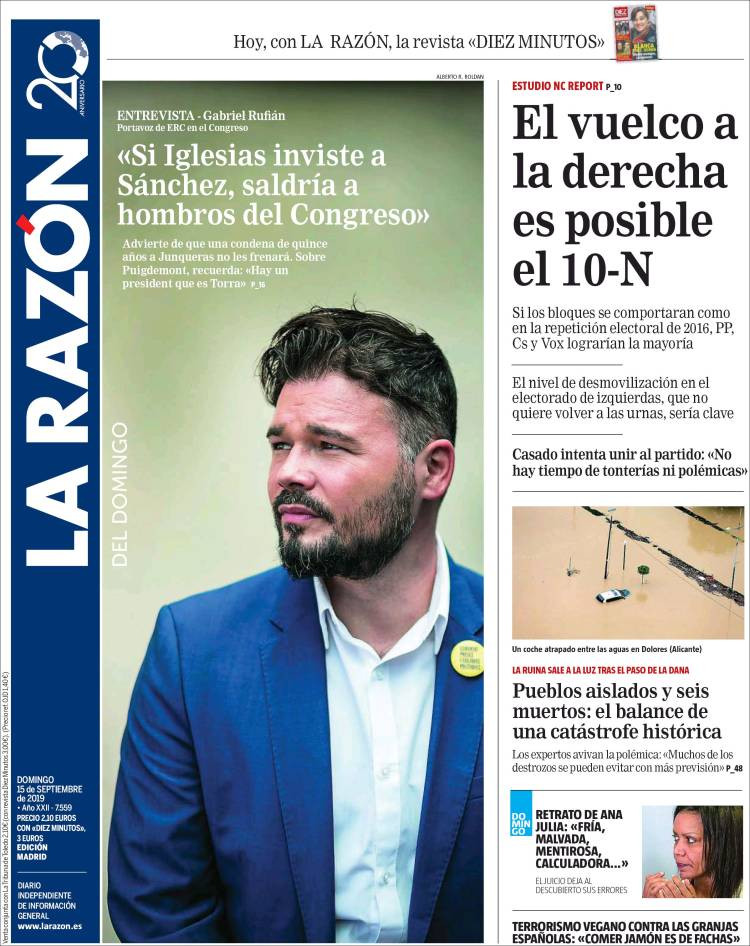 Portada de 'La Razón' del 15 de septiembre de 2019