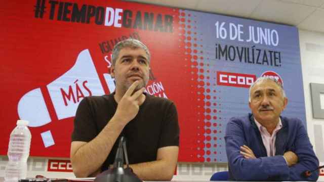Unai Sordo (CCOO) y Pepe Álvarez (UGT) en la presentación de la movilización de los sindicatos (ahora desconvocada) para el 16 de junio / EFE