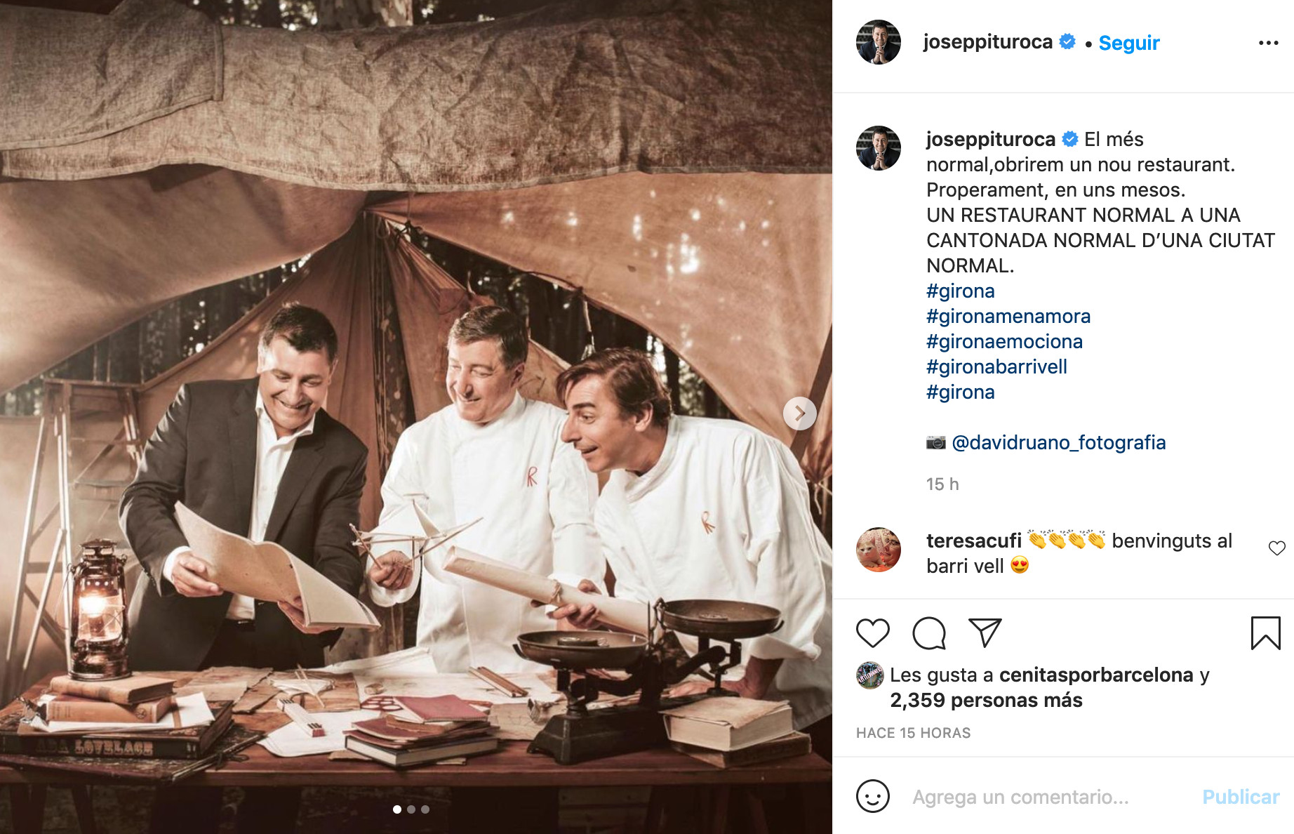 Josep Roca anuncia la apertura de un nuevo restaurante en Girona / INSTAGRAM