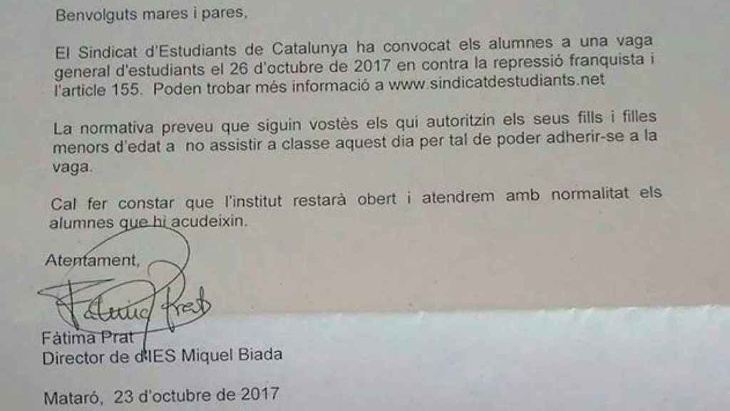 Un instituto de Mataró informa de una huelga contra la represión franquista