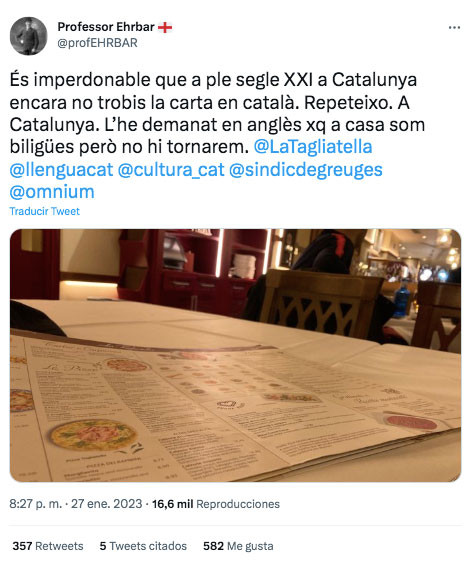 El tuit inicial contra La Tagliatella de Barcelona / CG