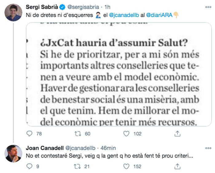 Intercambio de tuits entre Joan Canadell y Sergi Sabrià