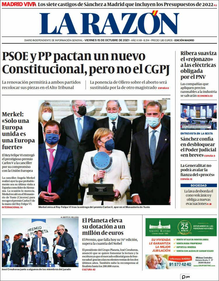 Portada de 'La Razón' del 15 de octubre de 2021 / KIOSKO.NET