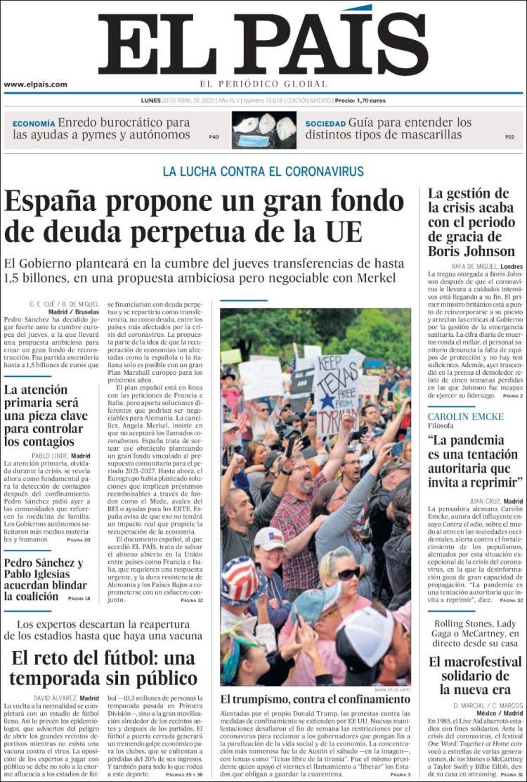 Portada 'El País' del 20 de abril de 2020