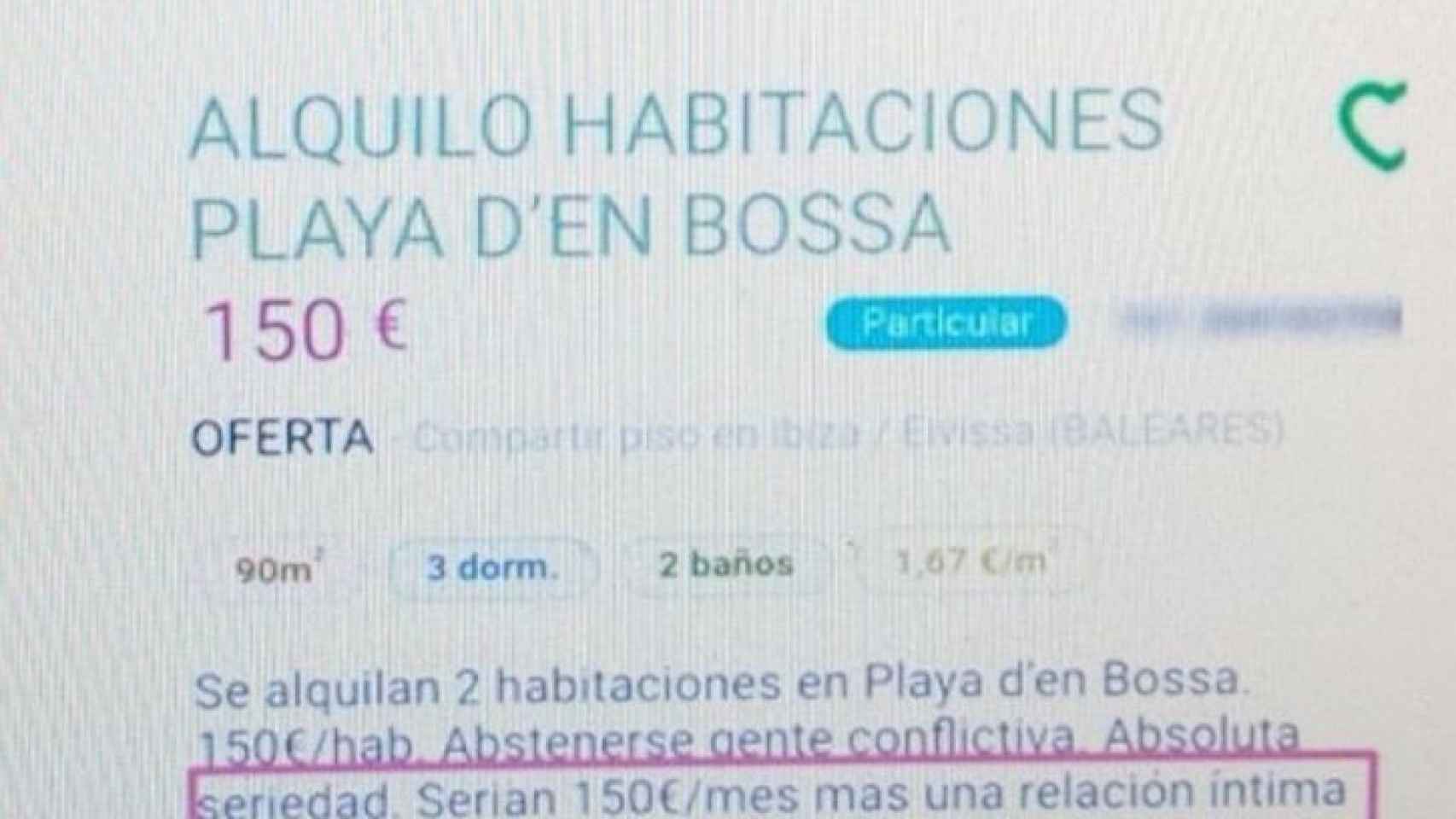 Una captura de pantalla del anuncio de alquiler en Ibiza