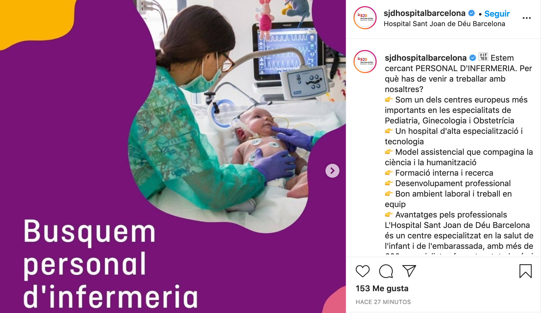 Oferta de empleo de Sant Joan de Déu en su perfil de Instagram / INSTAGRAM