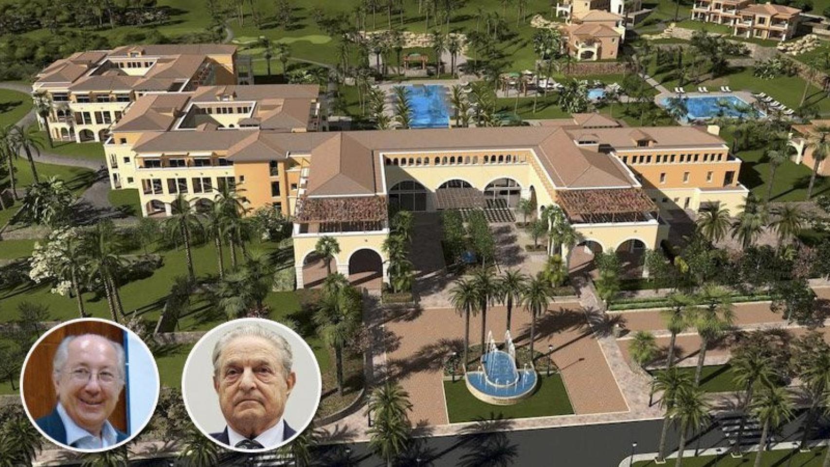 Imagen virtual de cómo debía ser el Sheraton de Mont-Roig (Tarragona) junto a los empresarios Geroge Soros (derecha) y Jordi Rubinat (izquierda)