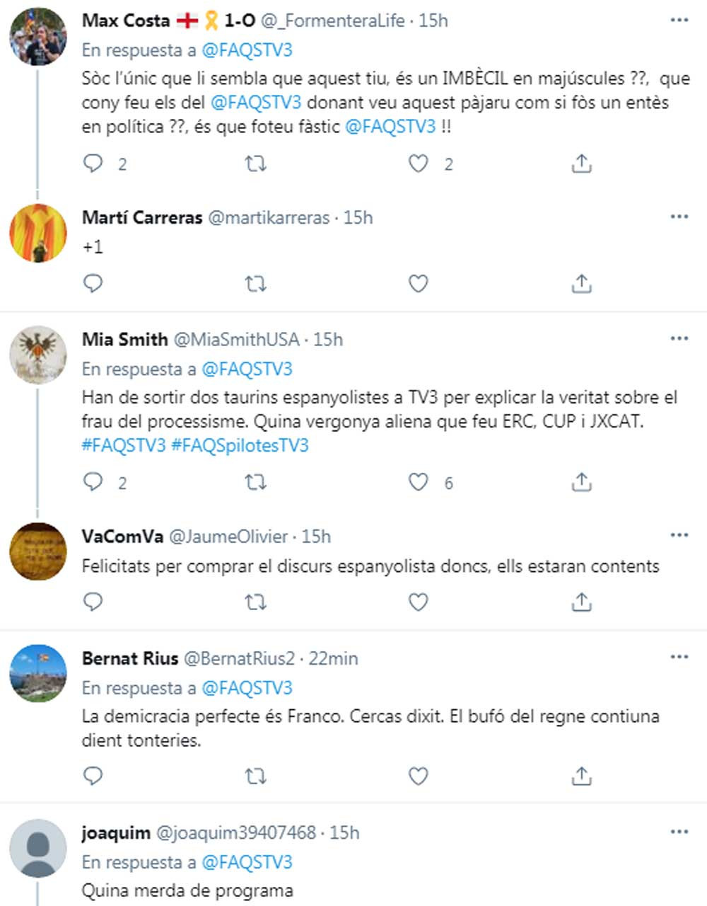 Espectadores insultando a Javier Cercas en las redes sociales del programa FAQs de TV3