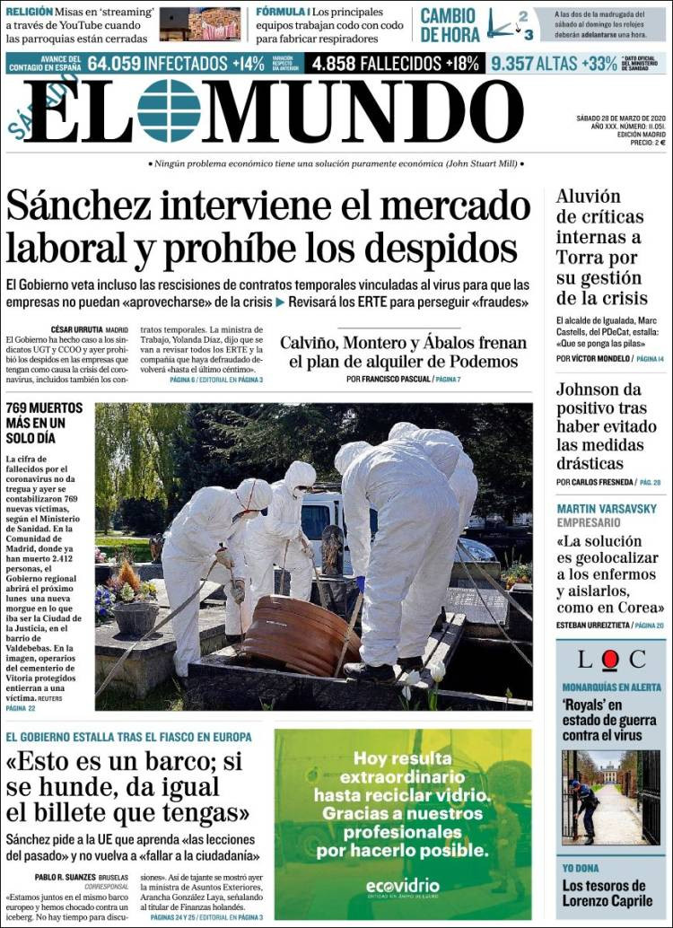 Portada de 'El Mundo' del sábado 28 de marzo