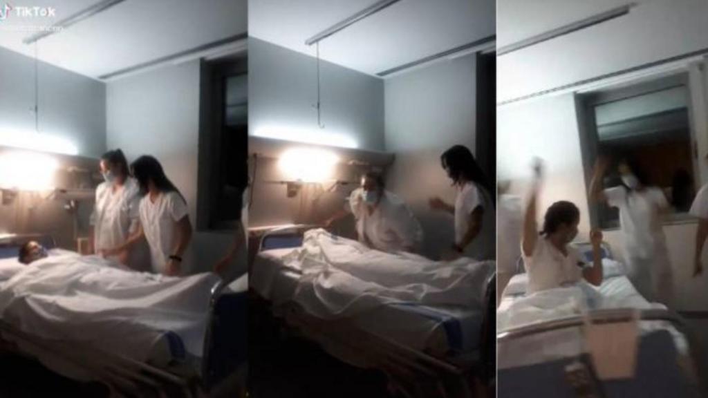 Fragmentos del vídeo donde trabajadoras del Hospital de Tarragona se burlarían de los muertos / TIKTOK
