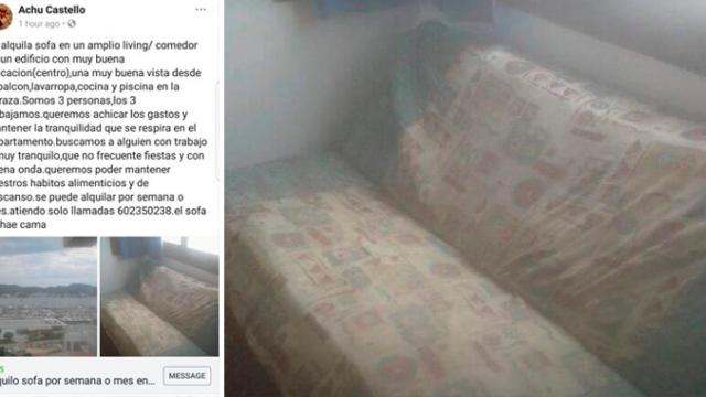 El mugriento sofá que se alquila por 375 euros y el anuncio que lo promociona / CG
