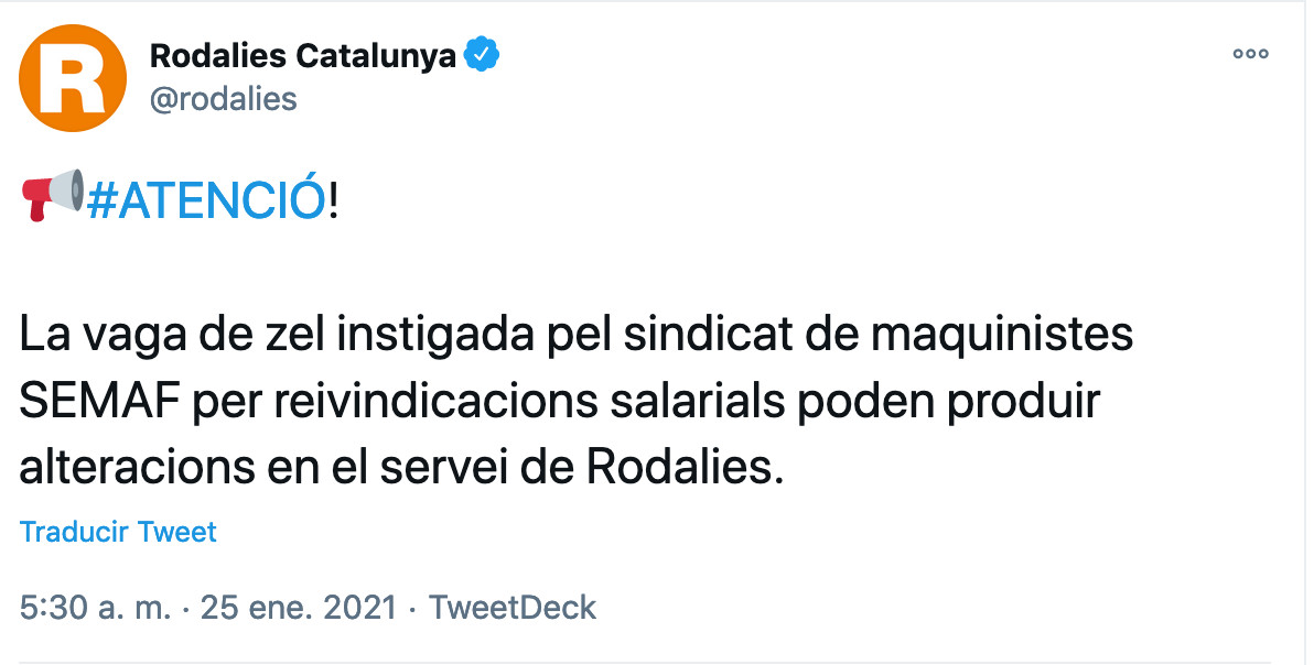 Rodalies informa de afectaciones en la circulación de trenes por una huelga de maquinistas / TWITTER