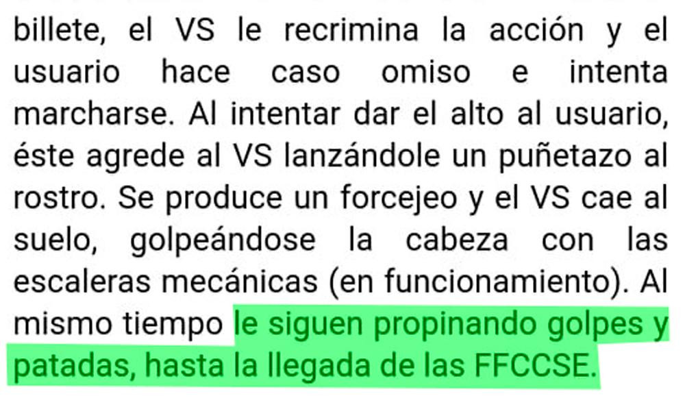 Fragmento del parte médico al vigilante que sufrió una paliza en el Metro de Barcelona el jueves / CG