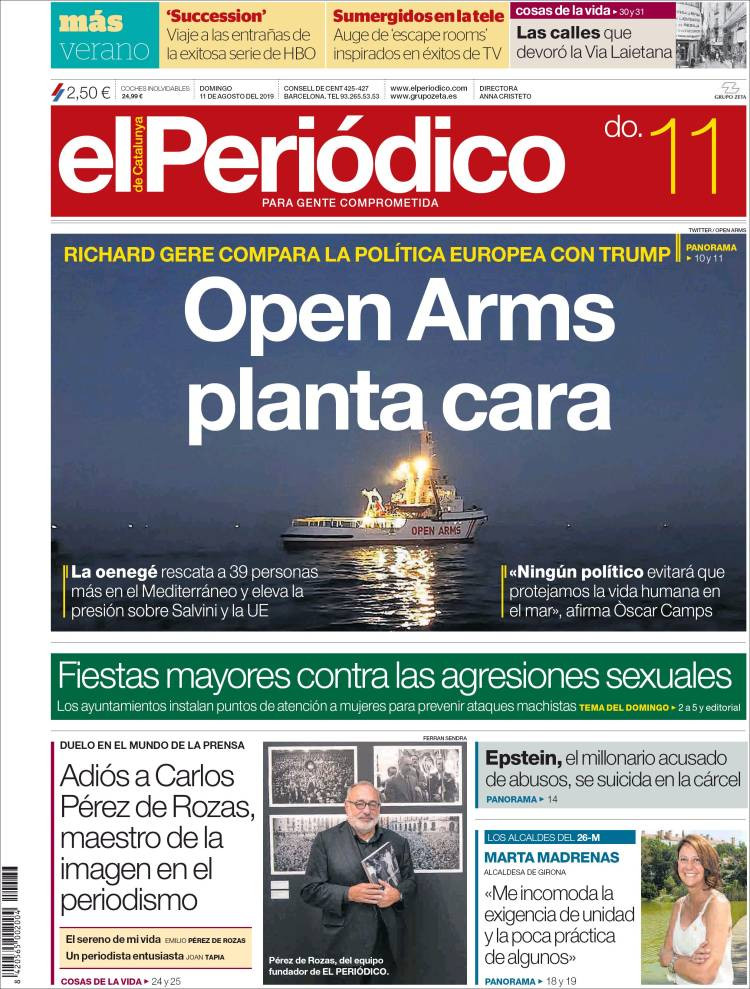 Portada de 'El Periódico' del 11 de agosto de 2019