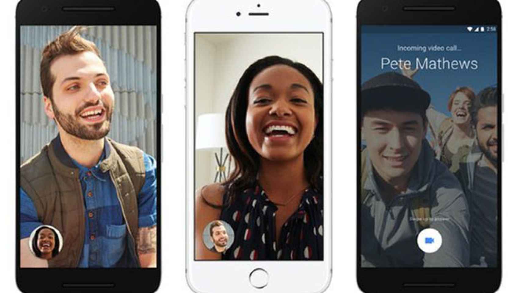 Tres teléfonos móvil con la aplicación Duo, las videollamadas de Google. / GOOGLE