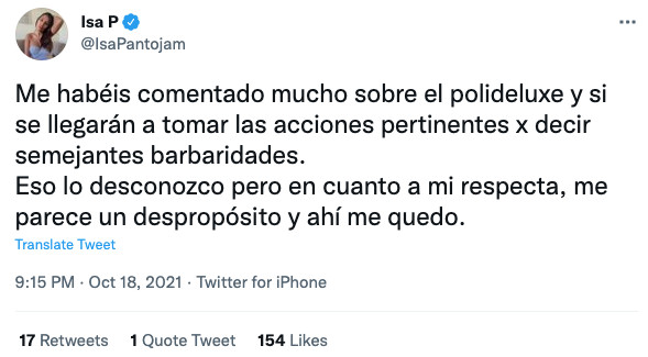 Publicación de Isa Pantoja en Twitter / @IsaPantojam